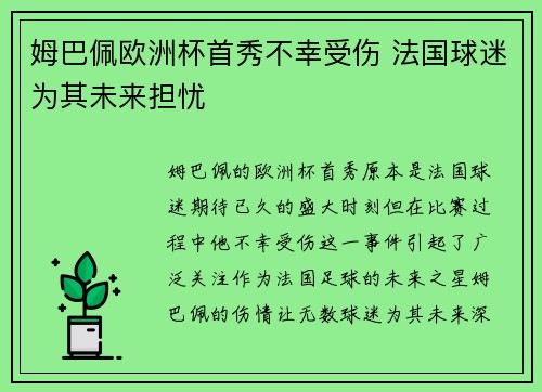 姆巴佩欧洲杯首秀不幸受伤 法国球迷为其未来担忧