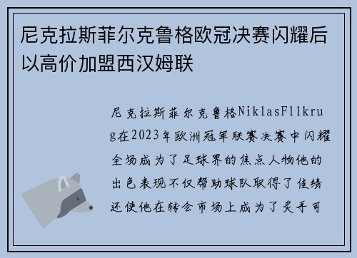 尼克拉斯菲尔克鲁格欧冠决赛闪耀后以高价加盟西汉姆联